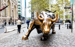 Bull Market, photo of charging metal bull in the NYC lower financial district